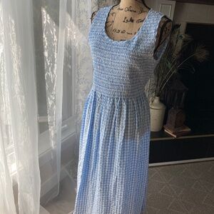 April Cornell Blue Gingham Rouched Elastic Bodice Dress 100% Cotton Sz L-XL